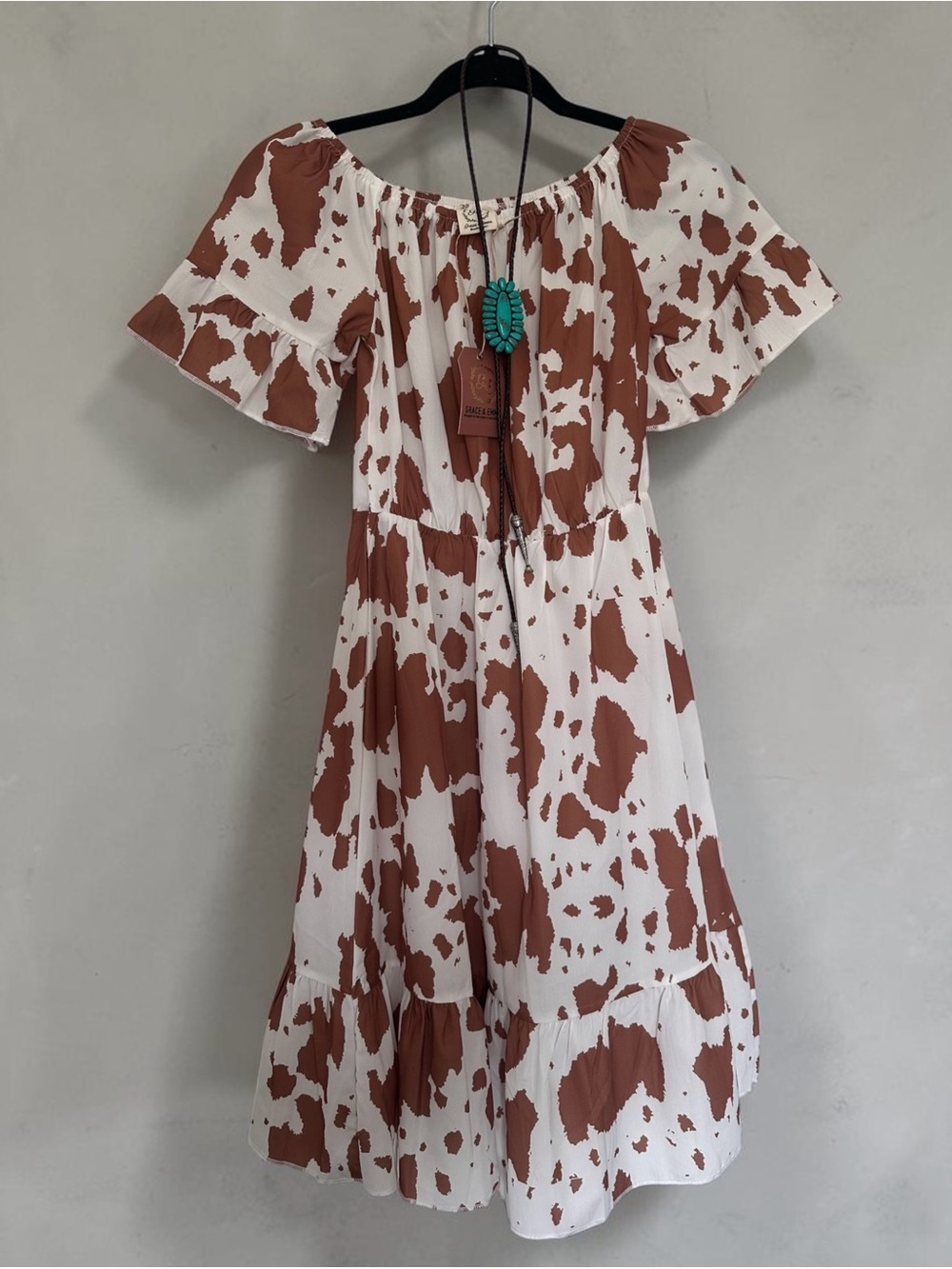 Boho Cowprint Midi Dress in White and Brown